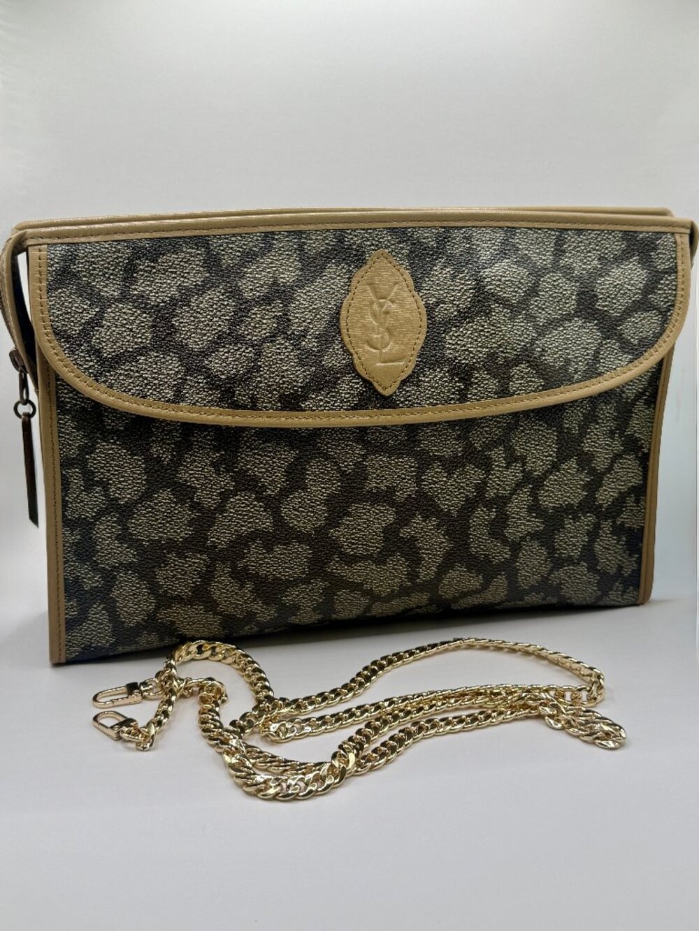 YSL Vintage Giraffe Print Clutch Bag Pouch – Coated Canvas & Leather Trim